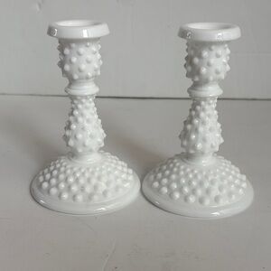Milk glass (Fenton? unmarked) hobnail mid century candlestick holders